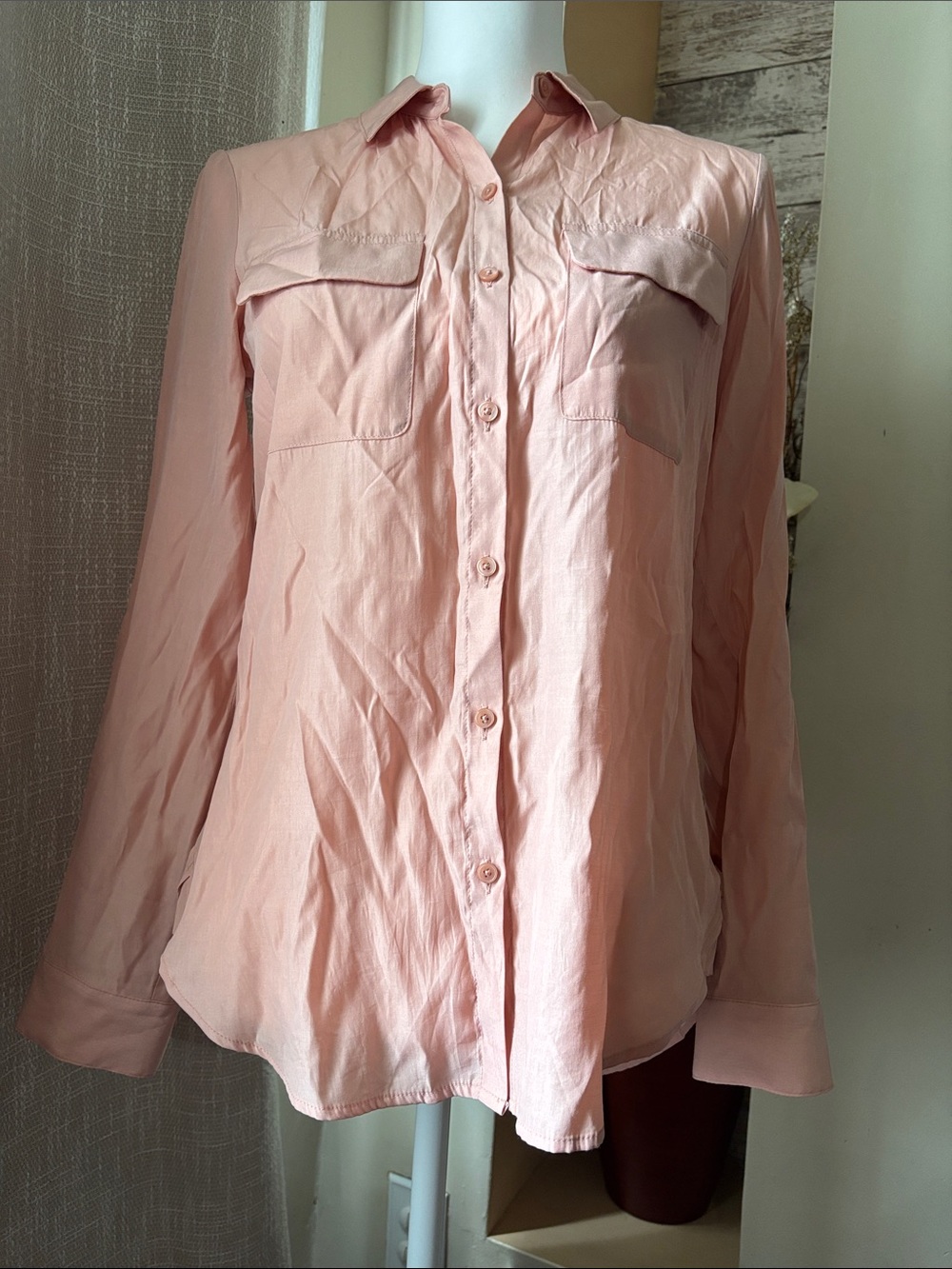 Express Pale Pink Long-Sleeve Button Front Blouse